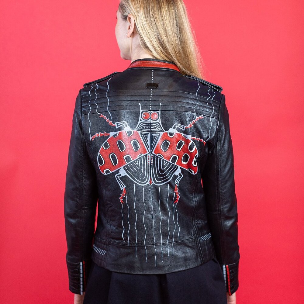 Upcycled Unique Hand-Painted Black Leather Jacket by SPARK + REBEL, Size M